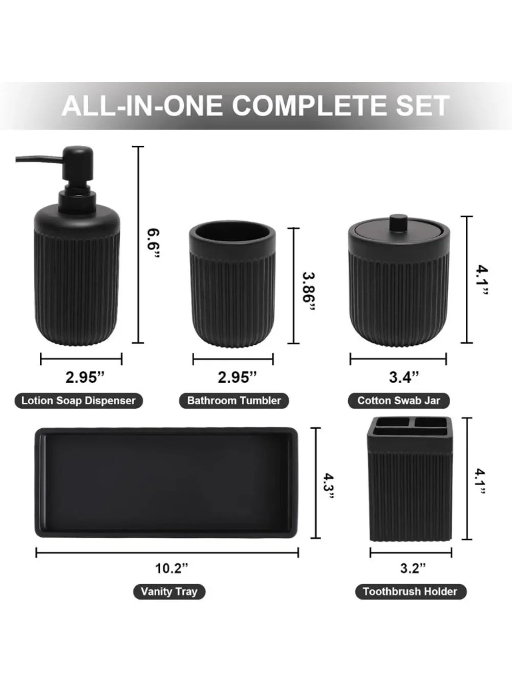 Matte Black Resin Bathroom Accessories Set - 5 Pcs, Soap Dispenser, Toothbrush